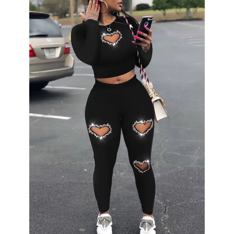 Chic Rhinestone Heart Long Sleeve Crop Top & High-Waist Pants Set-Stretchy Polyester Blend, Perfect for Fall/Winter Bottom Clothes Fabric Womenswear Suits Black 2 piece sets women 2 piece sets women two piece outfits two piece outfits Crewneck Short Gamis