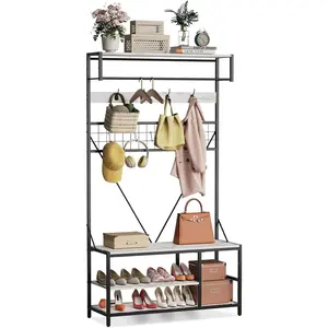 Garvee Salón Tree 5-in-1 Entryway Shoe Storage Bench with Adjustable Shelf, Coat Rack, Hanging Bar, 9 Hooks, and 39.5-Inch Bench for Shoes and Jackets, Ideal for Hallway Organization