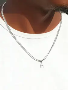 Men's Silver Color Stainless Steel Cuban Chain Necklace, Casual Fashion Letter Pendant, Simple Style, All Seasons Jewelry