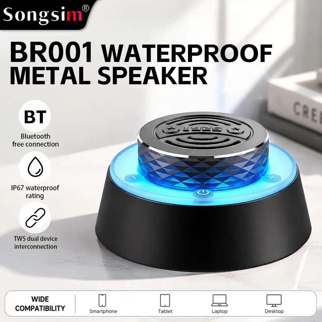 Songsim-BR001 IP67 waterproof Bluetooth speaker with TWS pairing & RGB lights. Perfect for bathroom, pool, beach, outdoor, home, hiking, and camping.