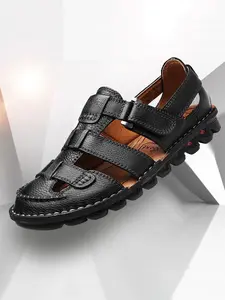 Men's Fashionable Velcro Cowhide Sandals, Men Shoes, Casual Comfortable Sandals for Summer, Breathable Non-slip Sandals for Outdoor Beach Vacation, Footwear