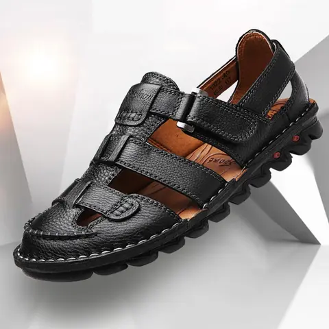 Men's Fashionable Velcro Cowhide Sandals, Men Shoes, Casual Comfortable Sandals for Summer, Breathable Non-slip Sandals for Outdoor Beach Vacation, Footwear, Velcro Fastening Sandals, Summer Travel Footwear
