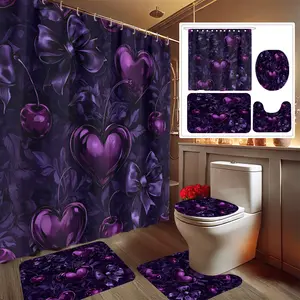 4pcs Purple Valentine's Day Printed Shower Curtain Set, Includes Bath Mat, Toilet Lid Cover, Bathroom Rug, and 12 Plastic Hooks, Shower Essentials, Bathroom Accessories, Holiday Decor, Gift, Home Decoration