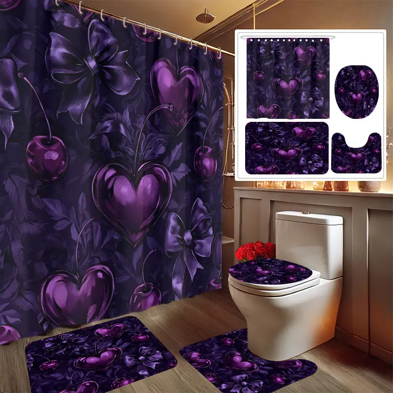 Polyester Purple Valentine's Day Printed Shower Curtain Set (4pcs) - Bath Accessory, Includes Bath Mat, Toilet Lid Cover, Bathroom Rug, 12 Plastic Hooks (Includes Hooks), Shower Essentials, Holiday Decor, Gift Ideas, Home Decoration