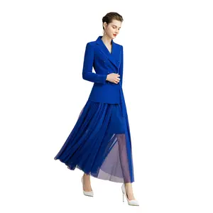 Royal Blue V-neck With Pleated Skirt Blazer Skirt Suits