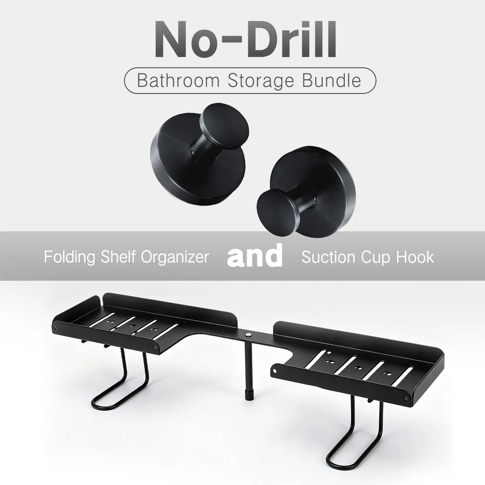 Decerk Bathroom Organizer Bundle – Heavy-Duty Stainless Steel Shower Hooks (2 PCS) + Foldable Over-Faucet Carbon Steel Rack, No-Drill Vacuum Locking, Adjustable & Drainable, for Towels Robe Vanity Small Homes