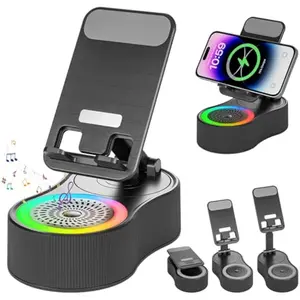 Cell Phone Stand with Bluetooth Speaker - Wireless Bluetooth Speaker with 360° Rotatable Phone Holder, Multifunctional Adjustable Stand with Charging Compatible with Tablet for Home Desk (Black)