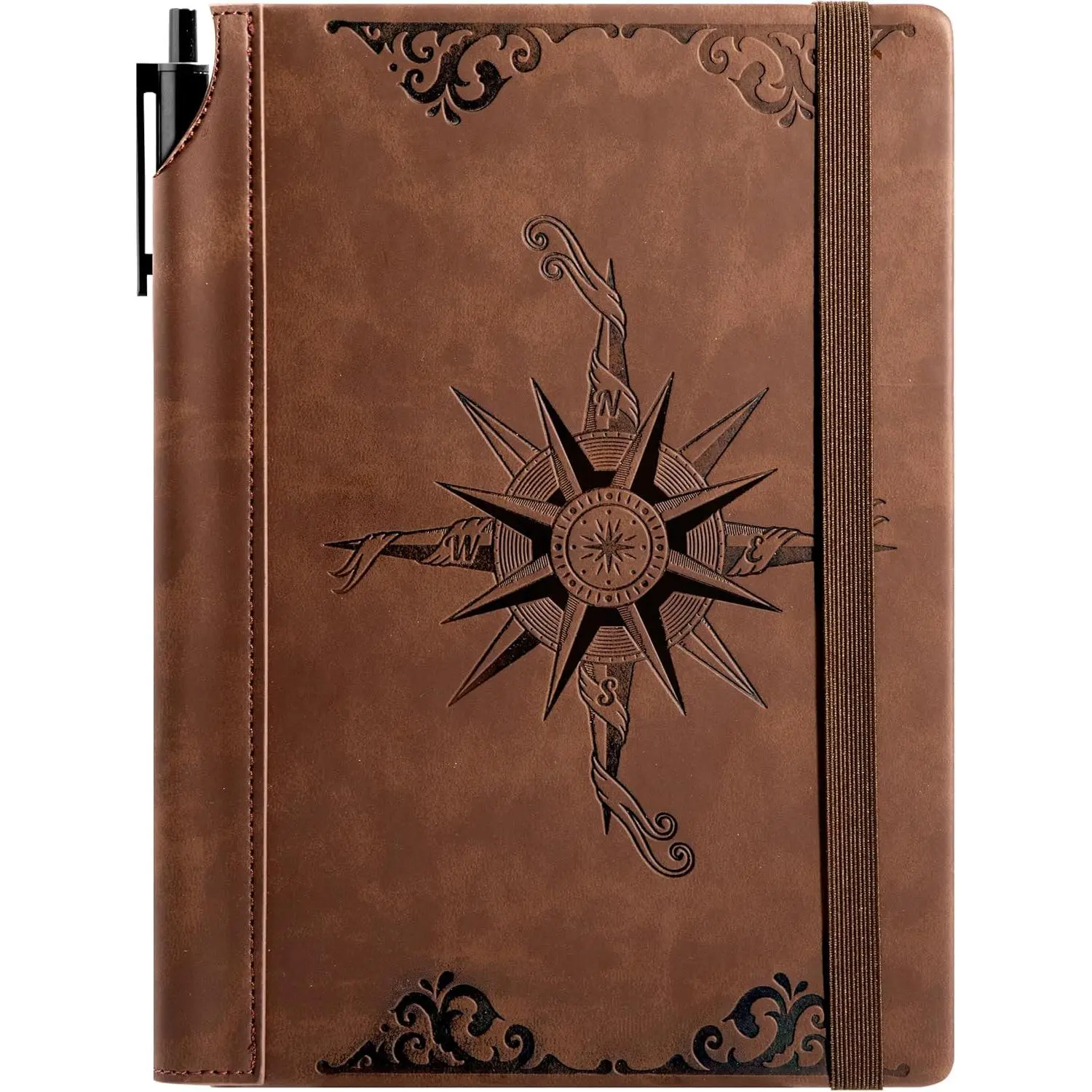 Compass Embossed Leather Notebook Journal for Men, A5 6.3"x8.5" Hardcover with 180° Lay Flat, 100 GSM Acid-Free 288 Lined Pages, 2 Ribbon Bookmarks & Pen for Travel Office Use, 288 Pages