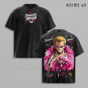 Vintage Washed Donquixote Doflamingo One Piece Graphic Tee, Oversized Heavy Cotton Anime Shirt Double Sided Print, Gym Pump Cover Streetwear Casual Short Sleeve Top Gifts for Manga Fans 90s Retro Aesthetic Unisex Apparel Trendy Y2K Villain Clothes