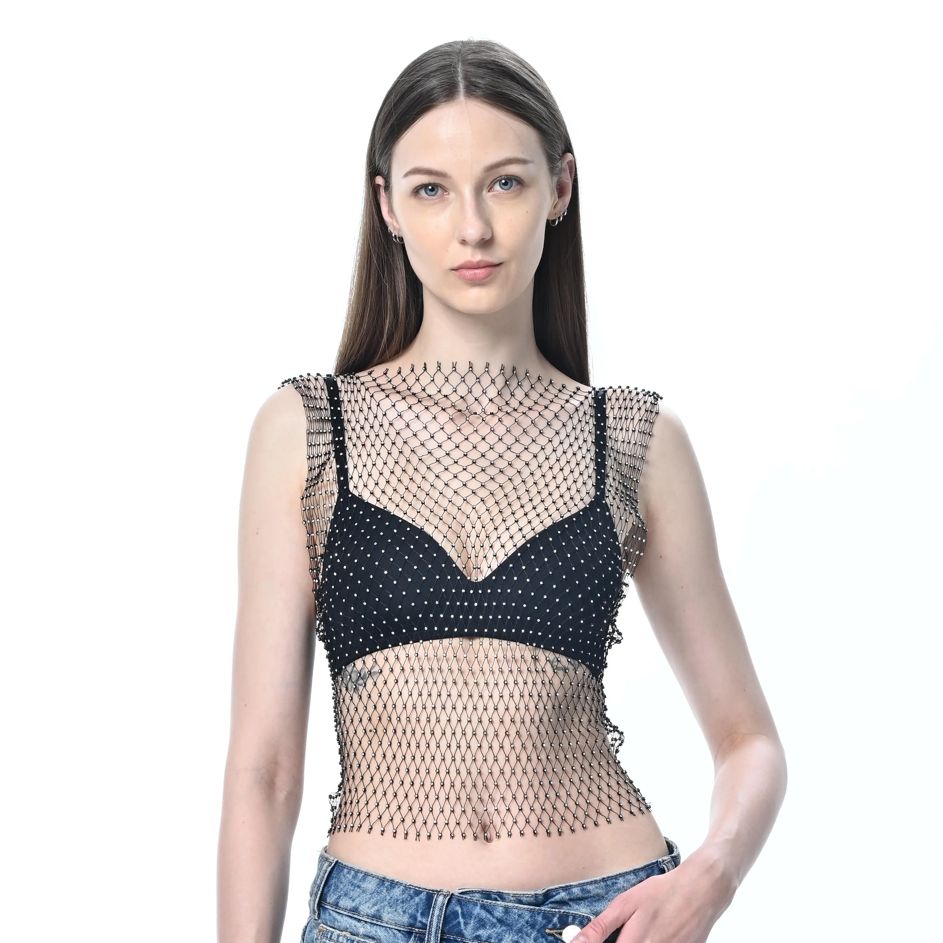 Crystal Fishnet Rhinestone Tank Top Stretch Nylon Everyday Accessories Glitter Womenswear Short Sleeveless tube tops crop tops