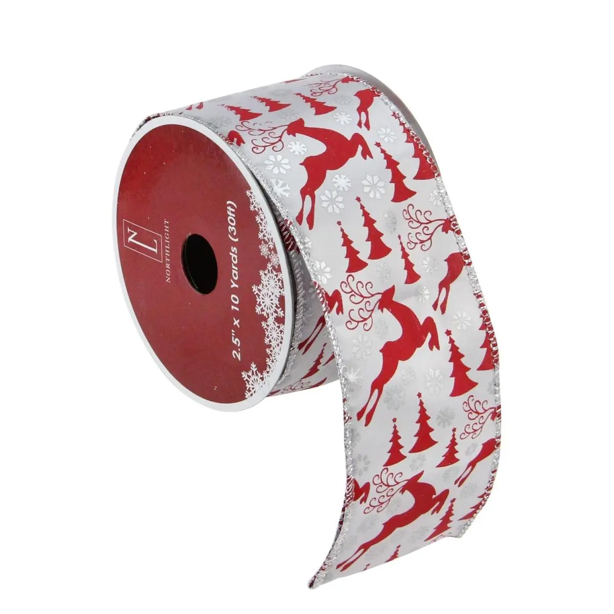212 MAIN Wire-Edged Christmas Craft Ribbon, 2.5 in. x 120yd, Silver & Red Reindeer Motif, Festive Home Decor & Gift Wrapping Supplies, 120 Yards