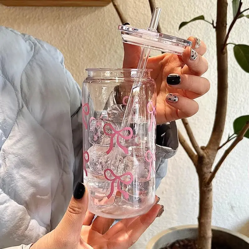 Bow Pattern Traveler Water Bottle with Lid and Straw, Portable, Reusable, Plastic Bottles with Lids, Drink Container, Perfect for Summer Iced Tea, Juice, Milk Drinks for Office, Picnic, Party, Drinkware
