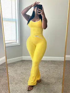 Two-Piece Women's Color Block UNeck Piped Sleeveless Tank Top and Bell Bottom Pants, Perfect for Yoga, Fitness, Outdoor Sports, and Daily Wear.