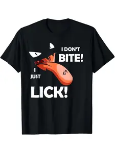 Men's Funny "I Don't Bite Just Lick" T-Shirt with Tongue-Out & Vampire Bat-Ear Graphic - Casual Short Sleeve Round Neck Tee for Parties, Casual Attire