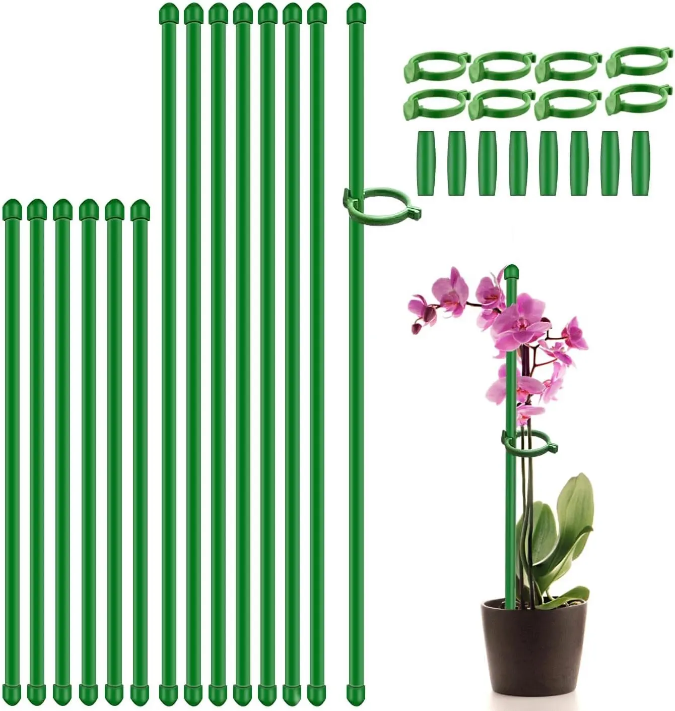 Plant Stakes 17inch &11inch Adjustable Length Plant Support Stake 16Pcs Orchid Stick with Clips for Indoor Outdoor,Garden Pole for Potted Tomato Amaryllis Vegetables Comes with 20 Ties (Green)