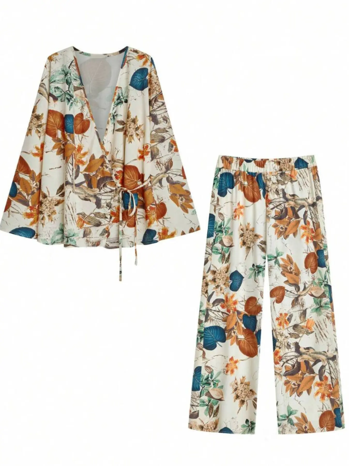 Two-piece set of women's apricot-colored plant print kimono cardigan + wide-leg pants natural holiday style comfortable chiffon set, Matching clothing set, suitable for spring & autumn, daily home, outing, short-distance vacation