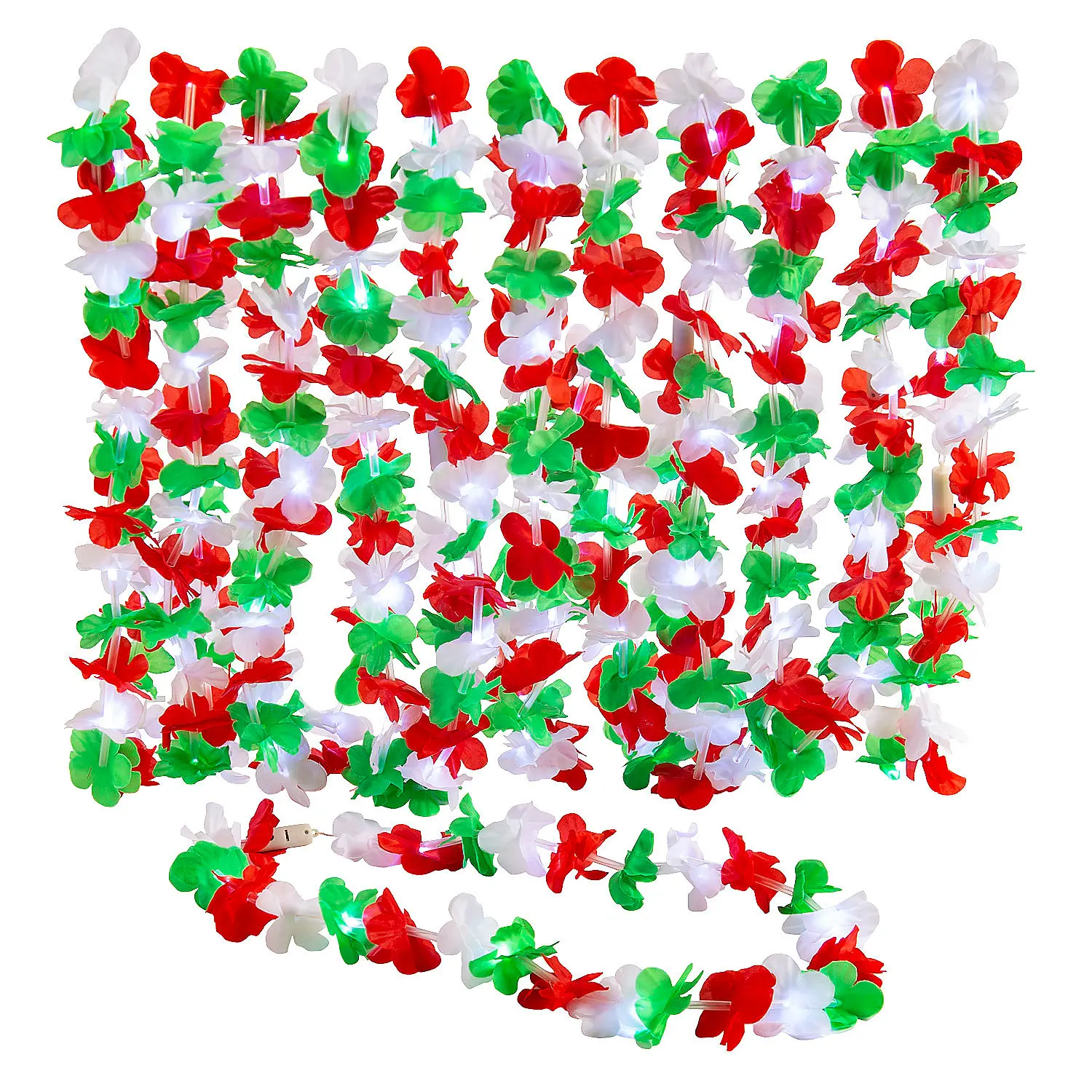 40in Light-Up Christmas Polyester Leis - 12-Pc Plastic LED Battery-Powered Decor, Flashing Red Green White Accents, Party Decor, Hand Decoration for All Ages, Holiday Gift, Multicolor