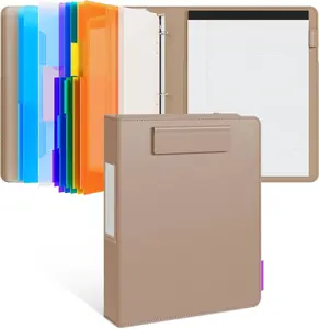 3 Ring Binder Clipboard with Storage,12.4"x10.2" Clipboard Folder with 5 Expandable Folders,Refillable Lined Notepad (11" x 8.5"),Ideal for School Office (Khaki)