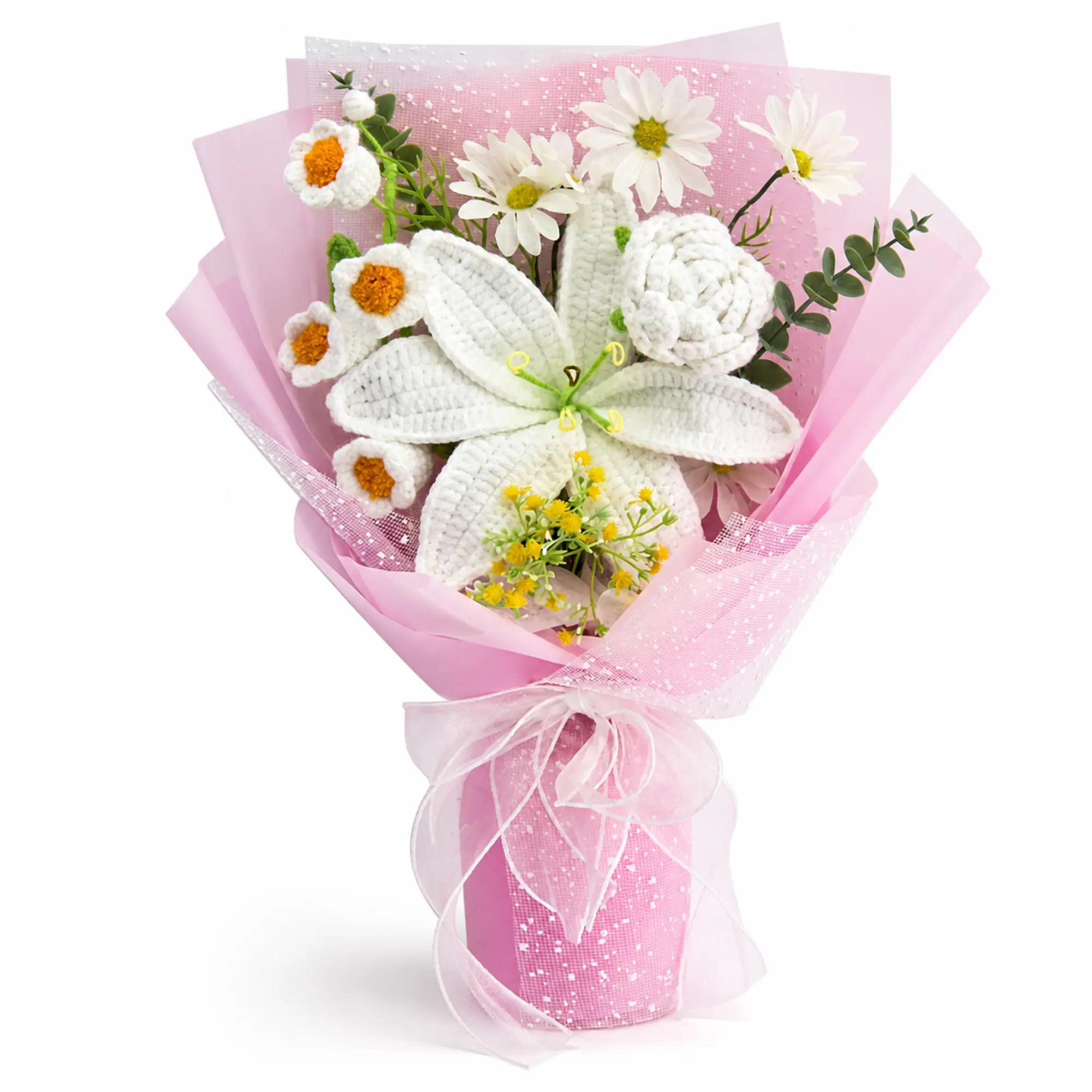 YShomy Back to School Handmade Cotton Yarn Decorative Artificial Flower Bouquet - Decoration with Tulips, Lily of the Valley, Forever Blooms & Greeting Card, US Fast Shipping, Gifts for Girlfriend, Home Supplies, Artificial Flower Decoration