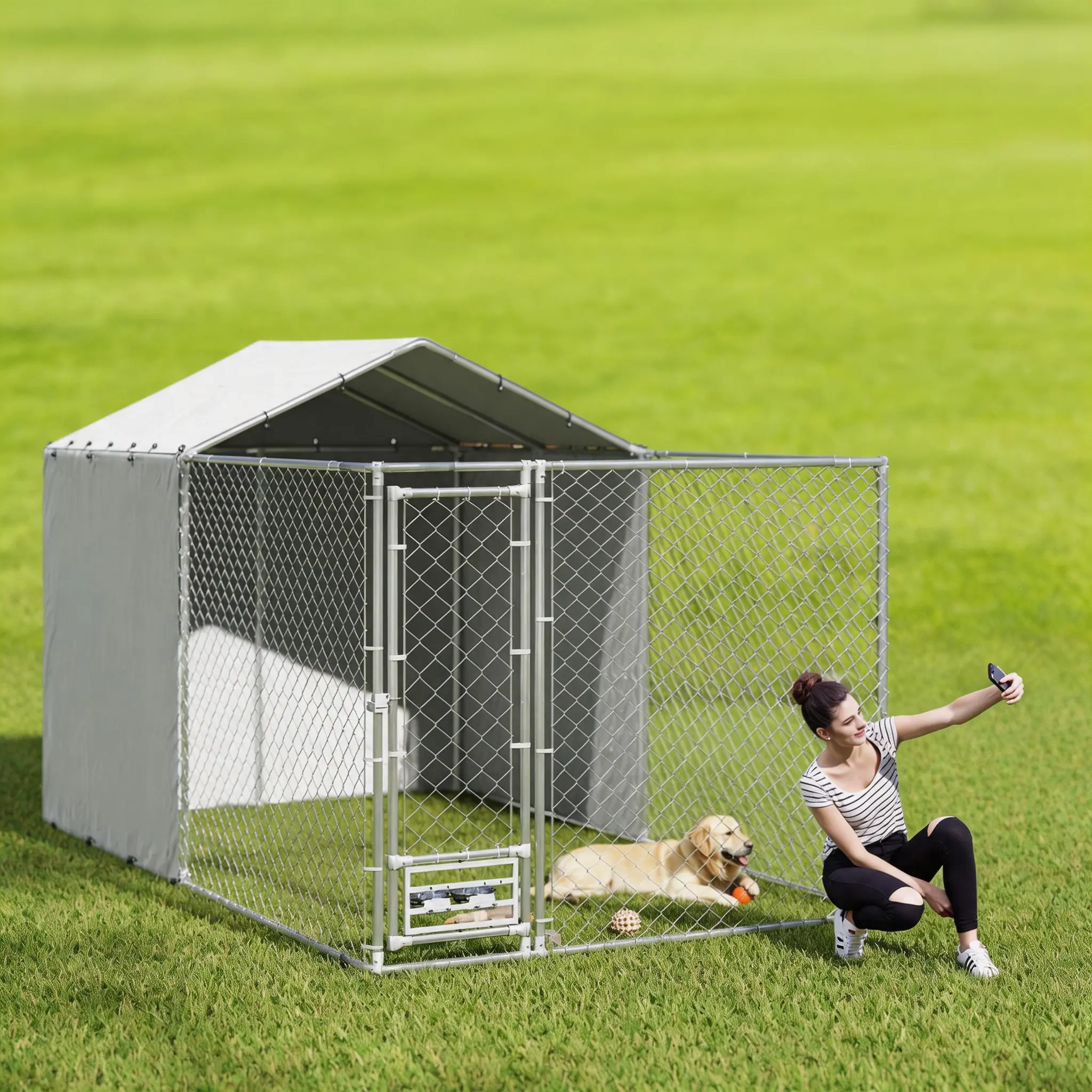 Galvanized Chain Link Large Outdoor Dog Kennel with Waterproof & UV-Resistant Cover, for M&L Dogs, 13.1' x 7.5' x 7.5'/19.7' x 7.5' x 7.5'