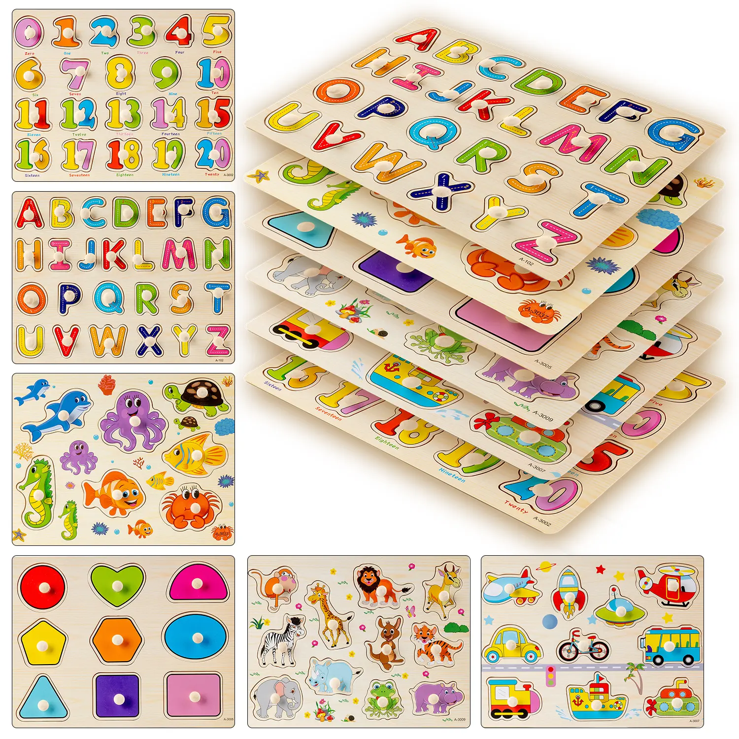 Wooden Peg Puzzle, Sea Creature Chunky Baby Puzzles, Colorful Wood Shape Puzzle Peg Board, Animal Knob Puzzles for Educational Toddlers 18 Months and Up, 11 Pieces