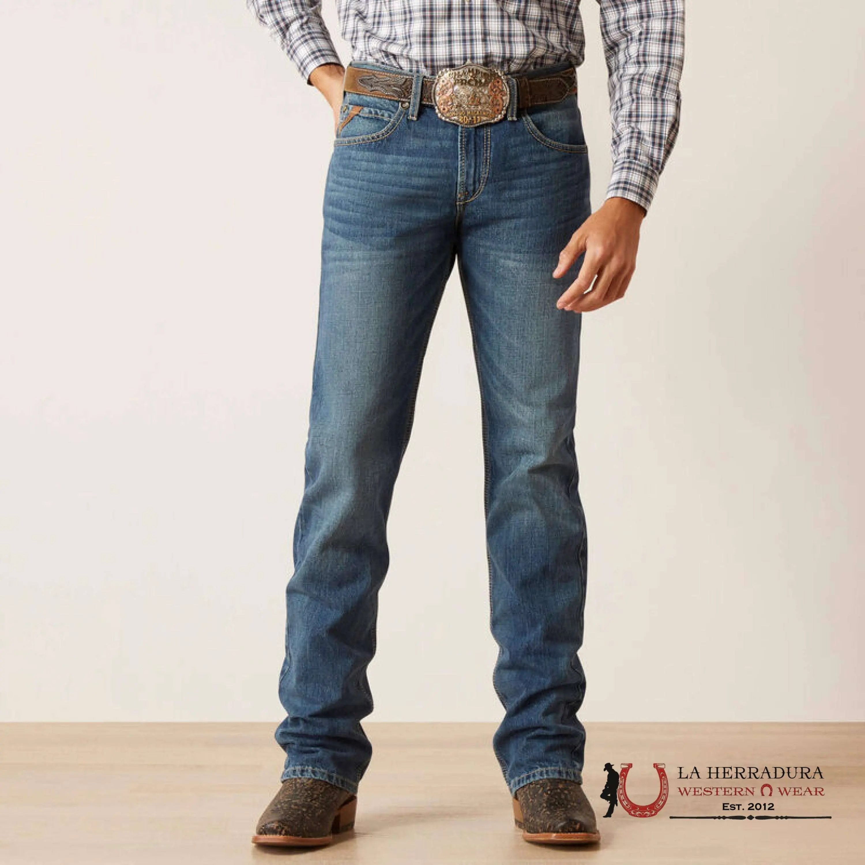Ariat Men's M7 Brighton Ezra Slim Straight Leg Slim Fit Plain Pants, Dark Blue Denim, Mid Waist, Below Ankle, Casual Pocket Jeans, Mensfashion