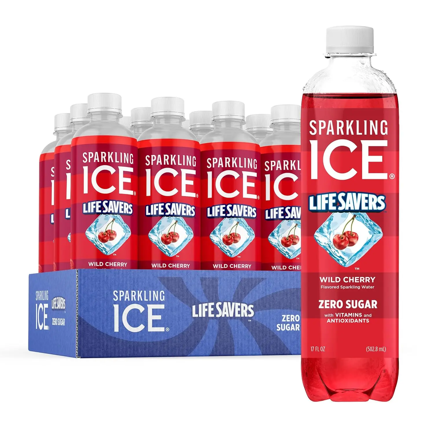 Sparkling Ice LIFE SAVERS Wild Cherry Sparkling Water, 17 fl oz Bottles (12 Pack) – Zero Sugar, Low Calorie Beverage, Vitamins & Antioxidants, No Artificial Dyes