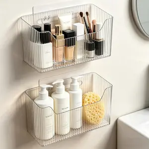 2 Packs Cabinet Door Organizer Wall Mounted Shower Basket, Stackable Plastic Adhesive Shower Caddy for Bathroom Kitchen Cabinet Pantry Makeup, BPA Free, Clear