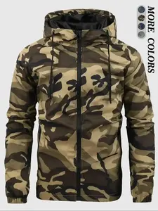 Men's Camo Print Drawstring Zip Up Hooded Jacket, Camo Pattern Long Sleeve Waterproof Windproof Outerwear Outdoor Jacket for Outdoor Daily Wear, Men's Clothing, Fall Clothes, Fashion Windbreaker, Jackets for Men, Men's Clothing for Fall rest easy mac