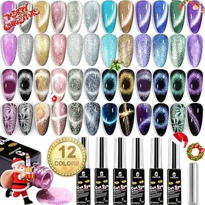 Clara Colors Cat Eye Gel Nail Polish, 12 Colors Winter Holographic Glitter Cat Eye Gel Nail Polish Set with Magnet Romantic Galaxy Series Cat Eye Gel Polish Set Long Lasting Soak Off UV LED