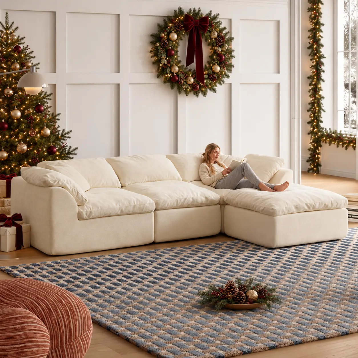 Classic Modular L-Shaped Cloud Couch - Skin-Friendly Chenille Fabric, No-Frame Foam Compression Design, Freely Combinable Supportive Armrests, Ottoman Included, Sofa-Bed Switch Function, Fully Assembled for Living Room Sofas & Apartment Furniture familyfu