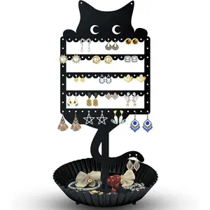 Earring Holder Hanging Organizer Stand Jewelry Rack Metal Cute Cat Tree Shelf Room Decor Table Ear Stud Holder Display Tower with Ring Storage Tray for Teens Girls Kids Cat Lovers, Black
