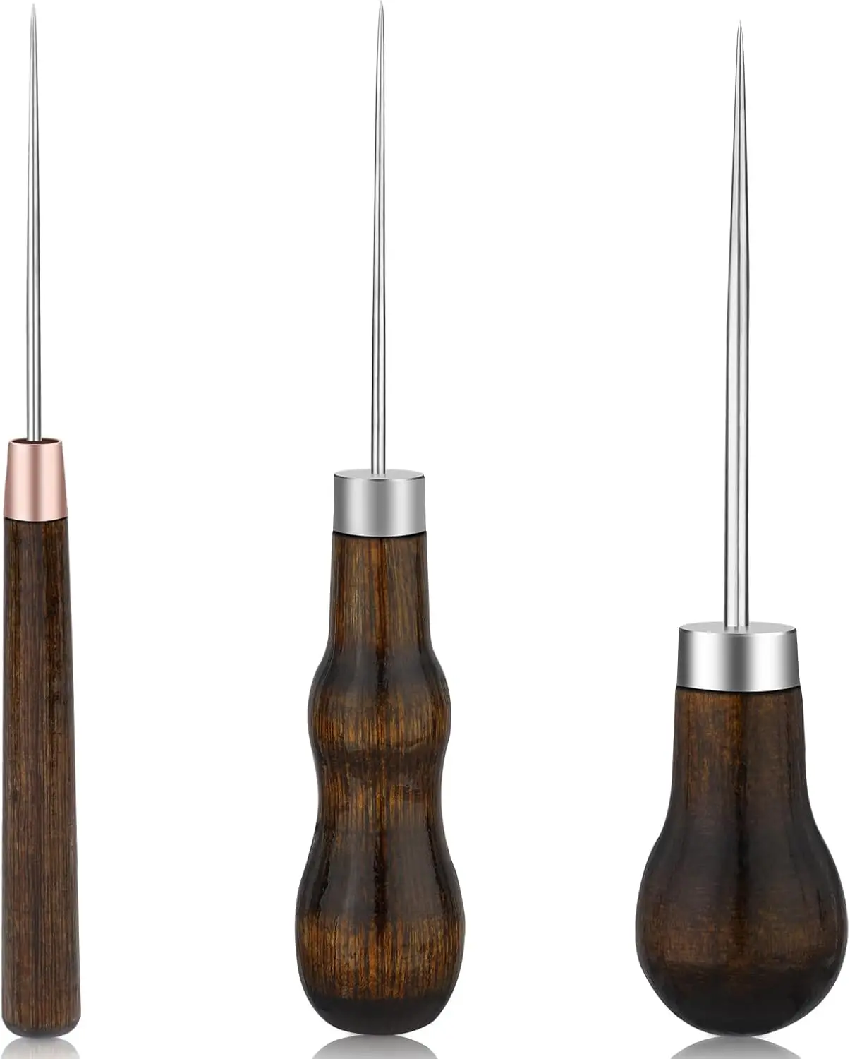 3 Pack Leather Scratch Awl Tool, Awl Tool Sewing with Gourd Shape Wooden Handle for Stitching Punching Sewing, Scratch Awl Tool Supplies for DIY Leather Sewing Punching Craft Repair