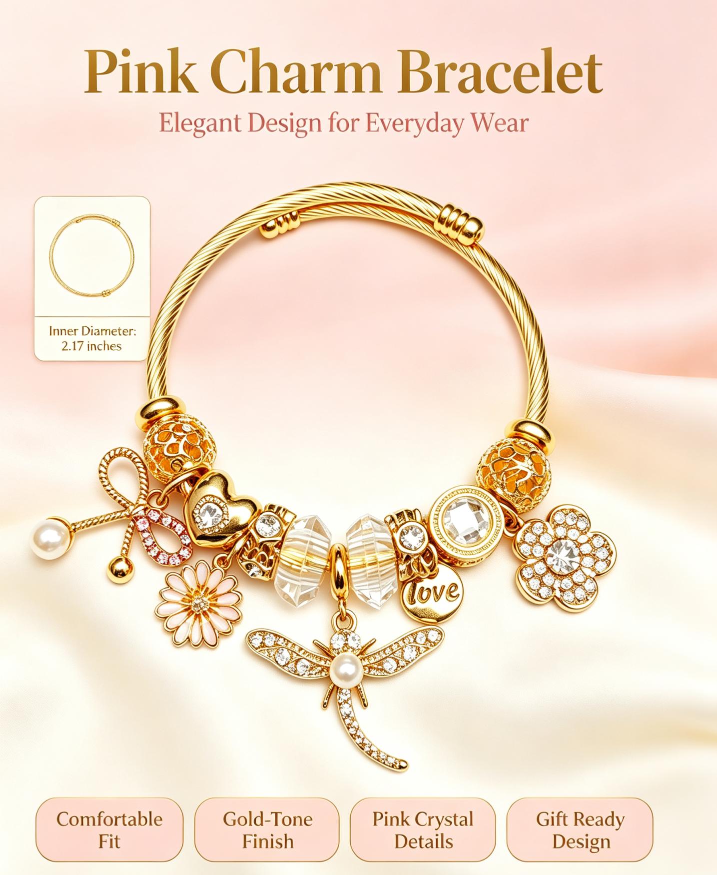 Dragonfly Pink Crystal Charm Bangle Bracelet, Gold-Tone Adjustable Open Cuff Bracelet with Pearl Flower Dangle Charms, Fashion Jewelry Gift for Women Girls Dragonfly Pink Crystal Charm Bangle Bracelet, Gold-Tone Adjustable Open Cuff Bracelet with Pearl Flower Dangle Charms, Fashion Jewelry Gift for Women Girls