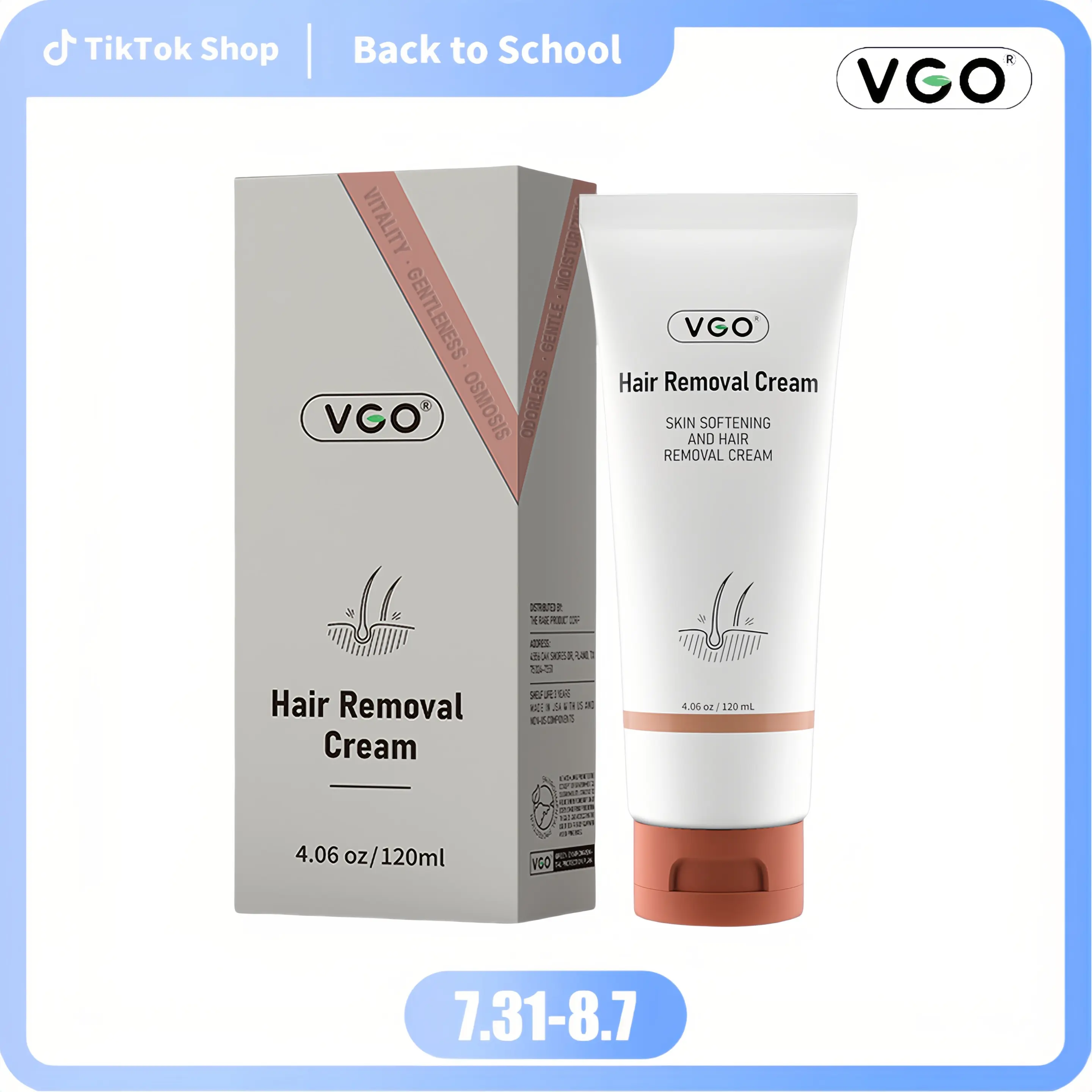 VGO Hair Removal Cream with Plant Extracts & Squalane, Gentle Root Dissolve Formula for All Skin Types, Fragrance-Free Body Care for Adults, 4.06oz (120ml), Organic, Paraben Free, Dye Free, Wipe-Off Body Care campingessentials sohochic