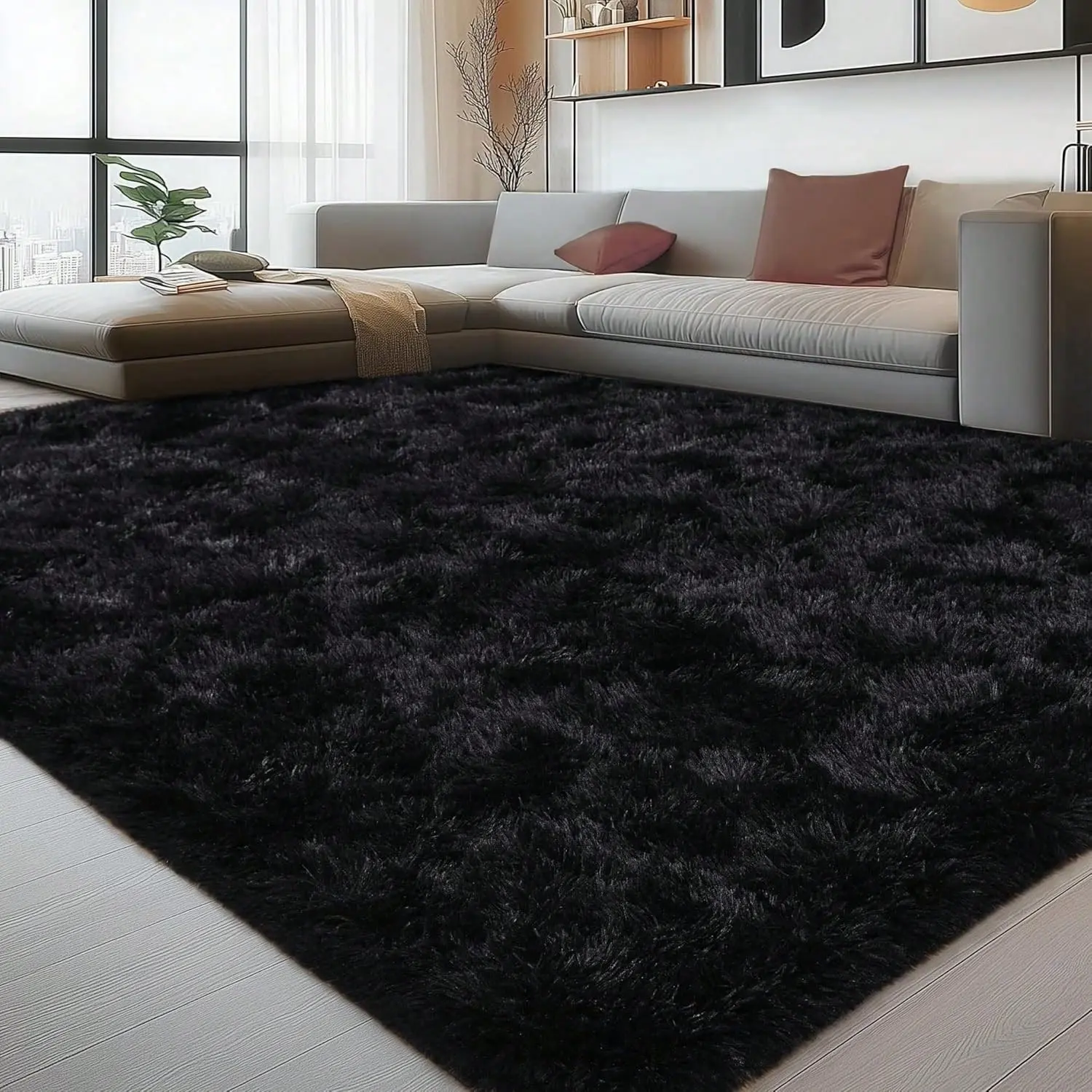 Soft Shag Rugs For Bedroom, Black Grey Fluffy Shaggy Rugs For Living Room, Luxury Modern Plush Carpet Girls Boys Room Dorm Indoor Home Decor, Upgrade Non-Slip