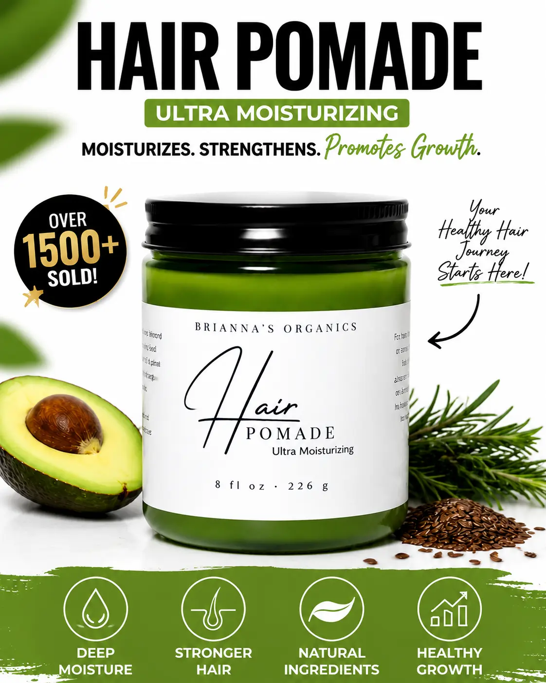 Brianna’s Organics Ultra Moisturizing Hair Growth Pomade - 8 oz (Men’s Hair Care) | Organic Jojoba, Tea Tree, Coconut & Olive Blend | For All Types, Length Retention, Nourishes Scalp, Reduces Breakage, Hydrates Strands, Edges Care, Dry