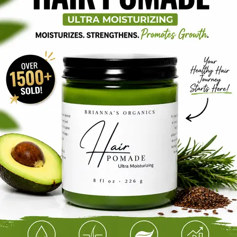 Brianna’s Organics Ultra Moisturizing Hair Growth Pomade - 8 oz Organic Jojoba, Tea Tree, Coconut & Olive Blend | For All Types, Length Retention, Nourishes Scalp, Reduces Breakage, Hydrates Strands, Edges Care, Dry