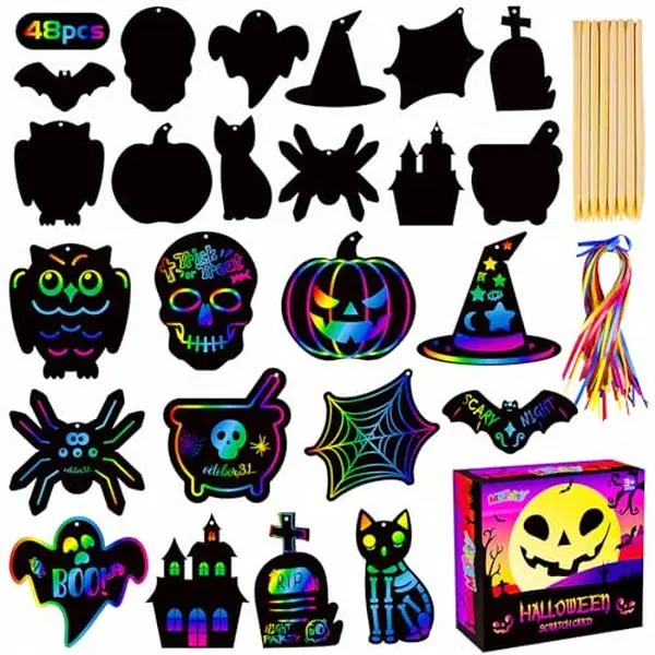 Scratch Paper Craft for Kids - 48 Pcs Halloween Magic Rainbow Scratch Paper Off Cards Set for Kids Crafts Arts Supplies Halloween Ornaments Party Games Birthday Gifts