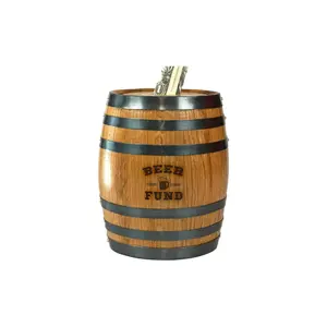 Thousand Oaks Barrel Co. Handmade Wooden Oak Barrel Adult Piggy Bank - Money Saver for Real Cash, Bills & Coins - 6.5 x 4.5 x 4.5 inches with Beer Fund Laser Engraving - Piggy Banks for Adults Decor Jar Rubber Ornaments