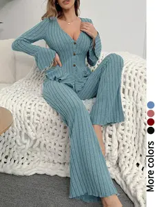 Autumn/Winter Ruffled Pajama Set with Ruffled Edges and Frills, Casual Loungewear Set, Nightwear, Button-Down Closure, Flared Pants, Flared Sleeves, Long Sleeve, Ruffled Trim, Comfortable, V-Neck, Elastic Waistband