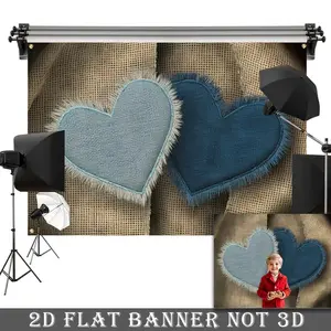 2D Flat Banner,1pc blue double heart denim design backdrop, made of polyester, is perfect for birthdays, weddings, bachelor/bachelorette parties, and outdoor gatherings.
