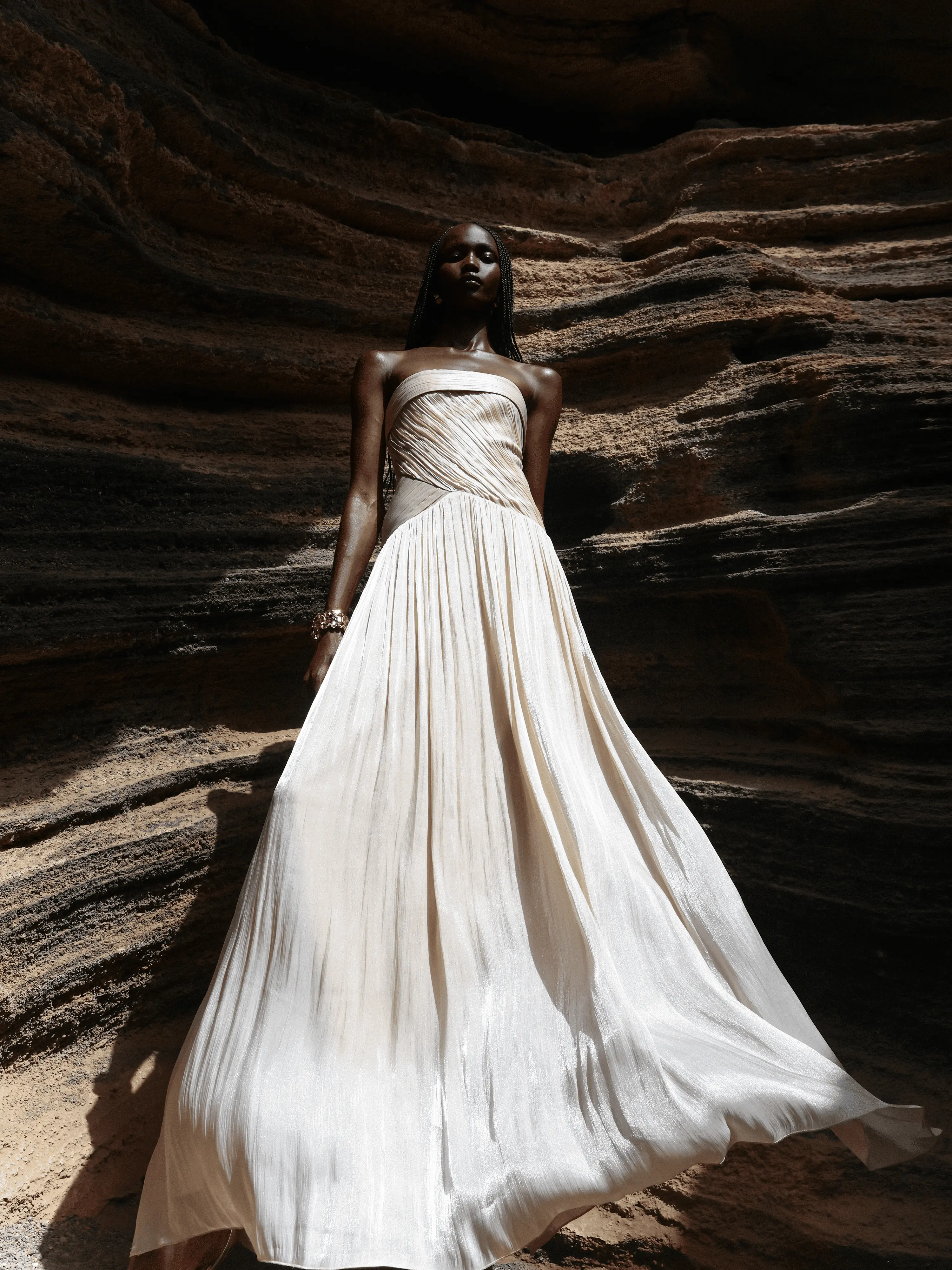 Olivine Light Beige Crystal Organza Strapless Maxi Dress