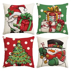 4pcs Christmas Pillowcase, Faceless Gnome Elf Gift Box, Winter Festival Sofa Cushion Cover, Colorful Ball Christmas Tree Snowman Pillow Cover, Christmas Pillow Cover set of 4, Christmas Decoration (without pillow core), Home Decorative Cushion Cover