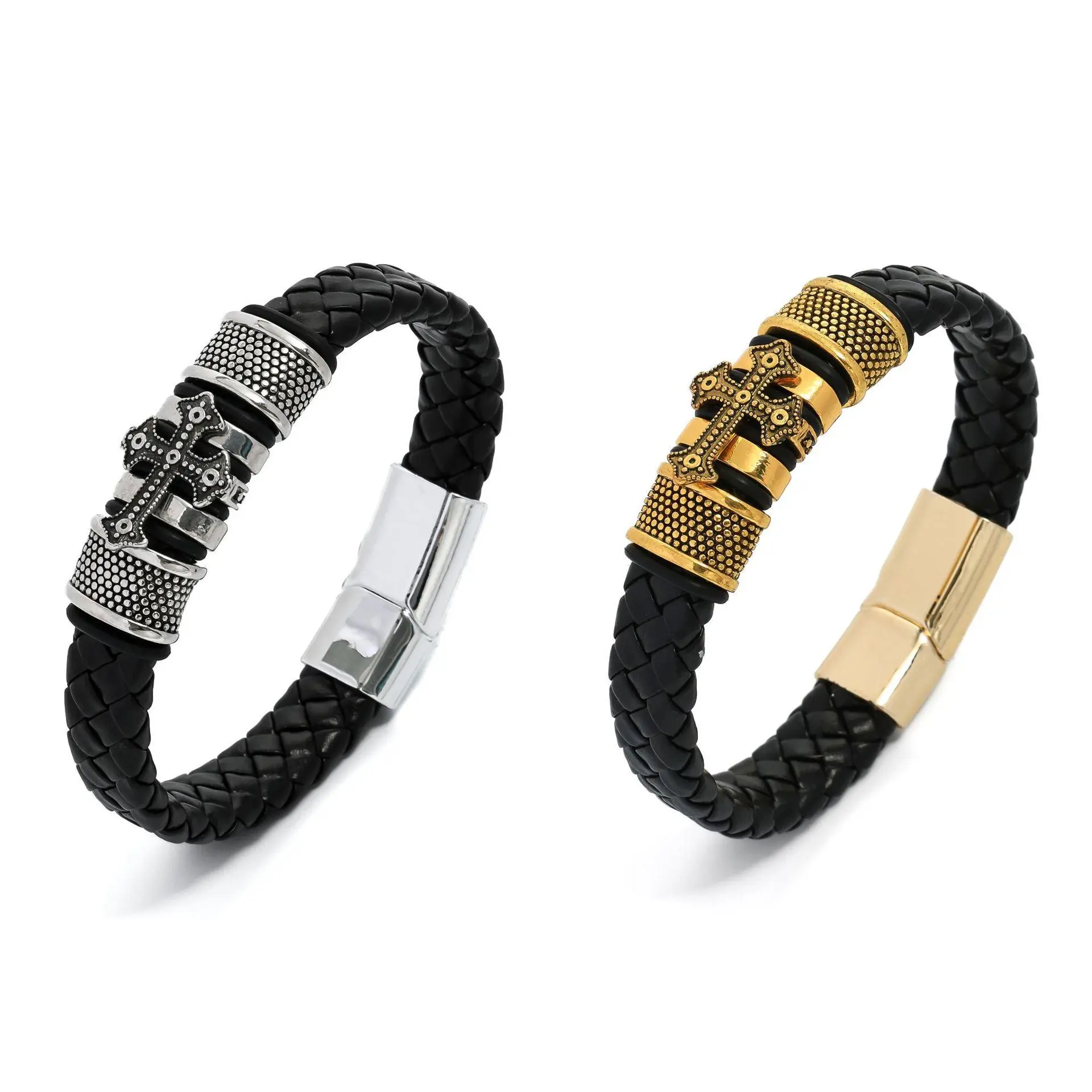 Men's Woven Leather Bracelet with Cross Emblem, 21.5 cm Punk-Style Band Style Jewelry, Male Arm Candy Accessories (Cross Width: 1.7 cm), Band Style Bracelets & Bangles, Punk Cross