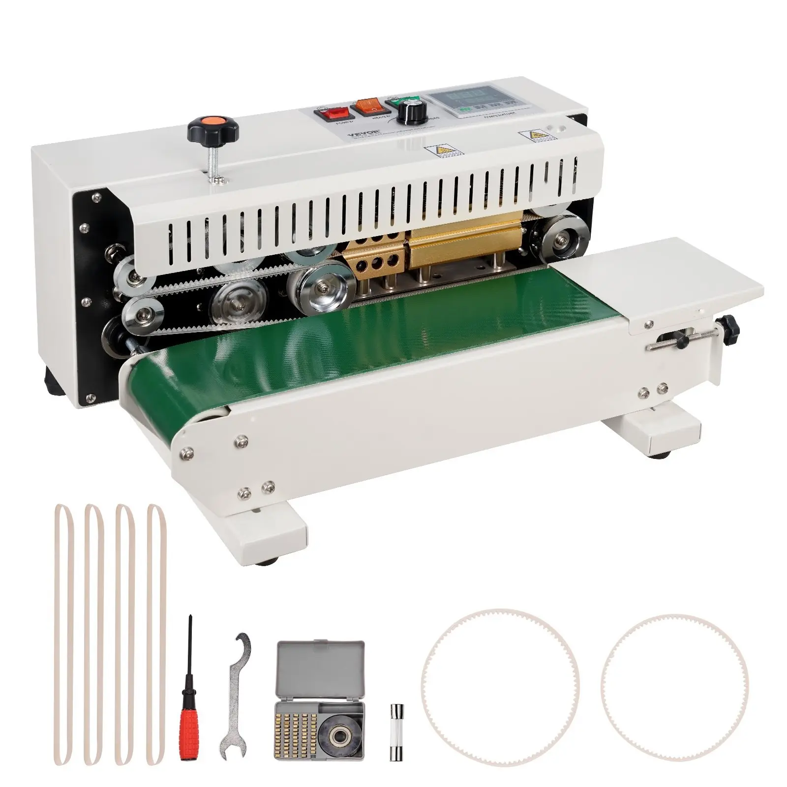 Continuous Bag Band Sealing Machine - Horizontal Band Sealer, Carbon Steel Construction for Industrial Food Packaging, Automatic Heat Seal for Poly Bags, Durable Frame, Adjustable Sealing Time, Temperature Control, Pouch Sealer