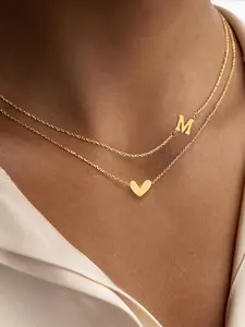 2Pcs/Set Heart Initial Pendant Women's Necklace Simple Classic Golden Stainless Steel Chain Necklaces For Women
