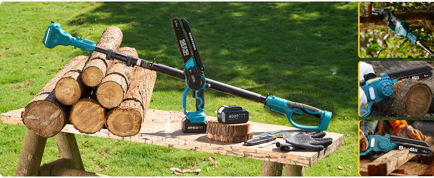 【FathersDay Gift】SEESII 2 in 1 Cordless Pole Saw & Mini Chainsaw with 2 Batteries, Power Electric Polesaw for Tree Trimming, Chain Saw with Extension Pole, Working height 16FT Reach, Limb Branch Cutter Pruner P8 Ace/P6 Ace CH800