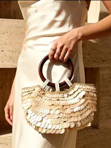 Simple and exquisite shell woven handbag, niche design wooden ring handle sequined stitching handbag, personality  versatile daily  suitable for banquet  party dresses, exquisite with atmosphere handbag