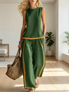 Womens 2 Piece Lounge Set Color Block Tank Top and Wide Leg Pants Contrast Color Co-ord Set 95% Polyester 5% Spandex 2026 Summer Casual Outfit Trendy Streetwear Comfortable Everyday Wear High Stretch Activewear Y2K Matching Two Piece Suit